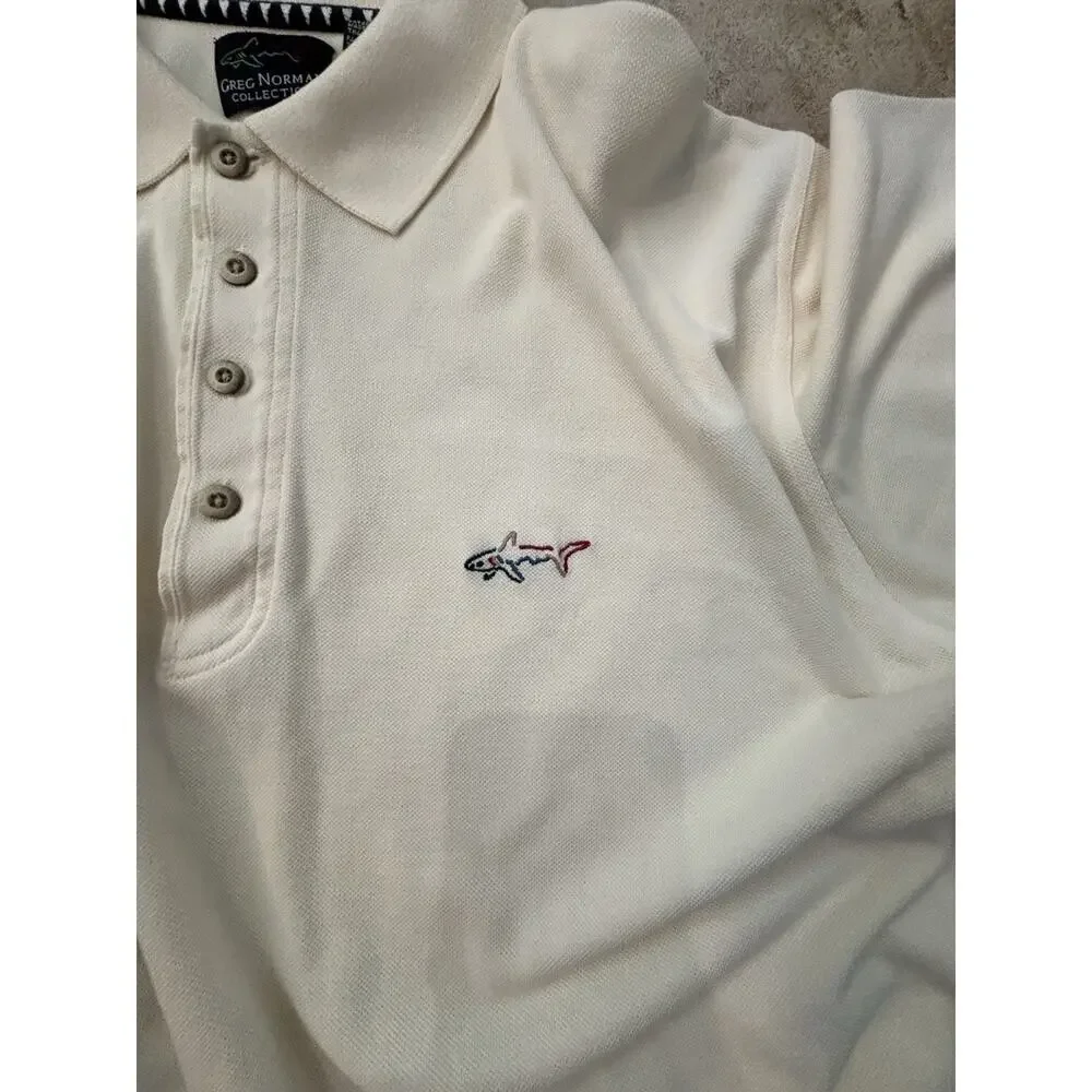 Greg‎ Norman Collection Polo Shirt Mens Large Ivory Shark Logo 100% Cotton Golf